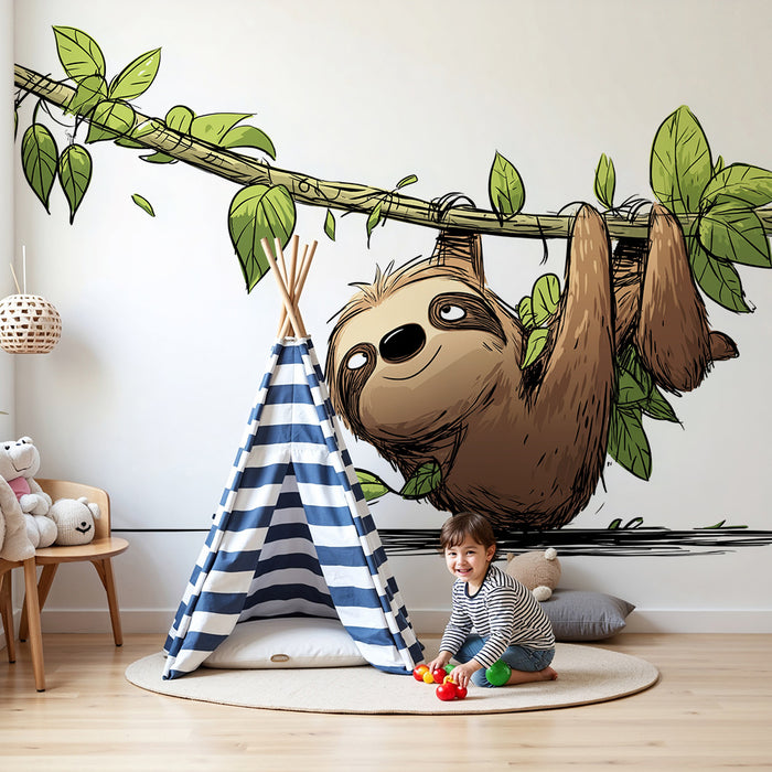 Papier peint chambre enfant | Paresseux mignon suspendu parmi les feuilles tropicales