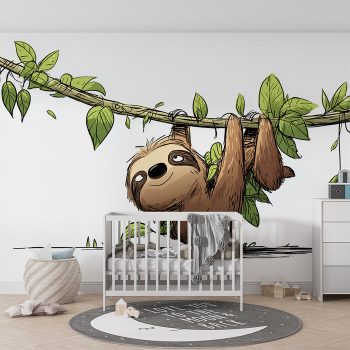 Papier peint chambre enfant | Paresseux mignon suspendu parmi les feuilles tropicales