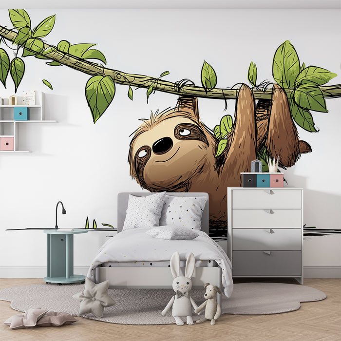 Papier peint chambre enfant | Paresseux mignon suspendu parmi les feuilles tropicales