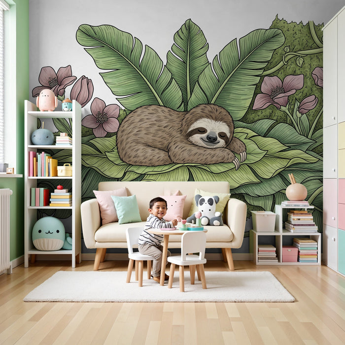 Kinderkamer behang | Rustige luiaard in het hart van de jungle