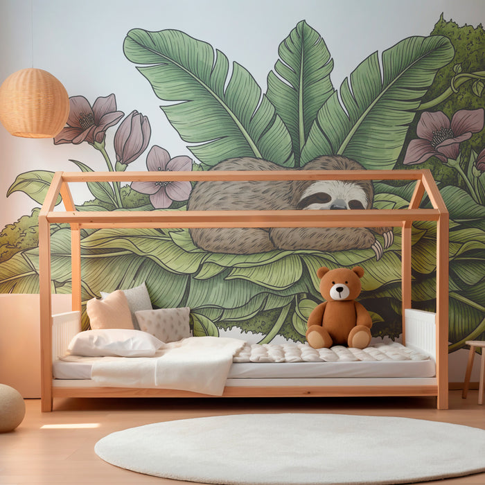 Kinderkamer behang | Rustige luiaard in het hart van de jungle