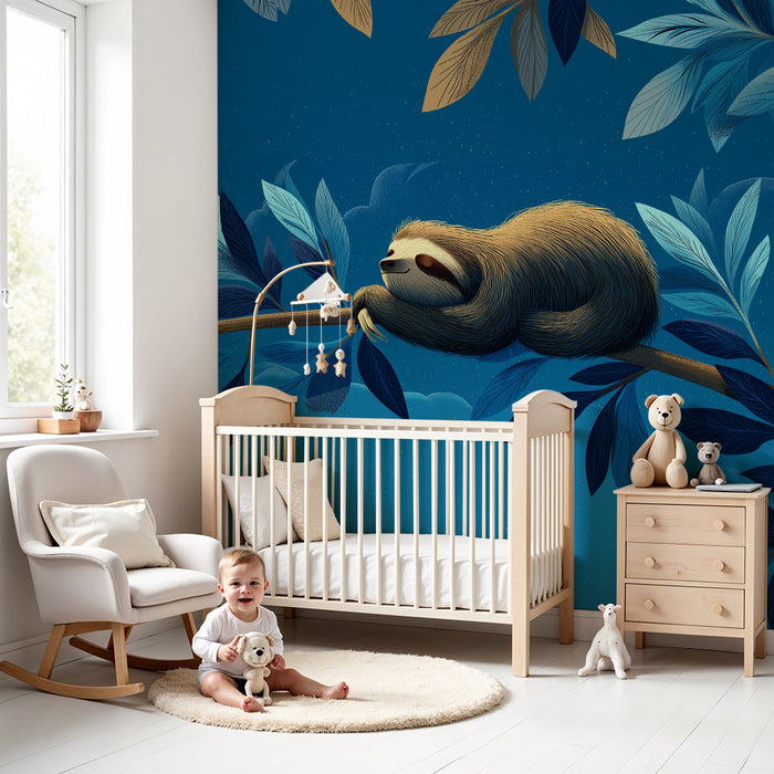 Kids room wallpaper | Peaceful sloth on a branch under a starry sky