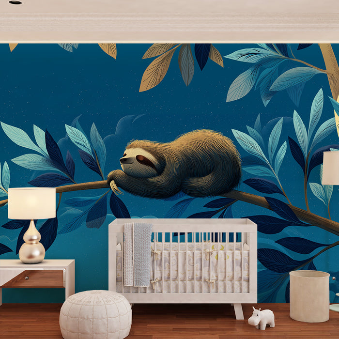 Kids room wallpaper | Peaceful sloth on a branch under a starry sky