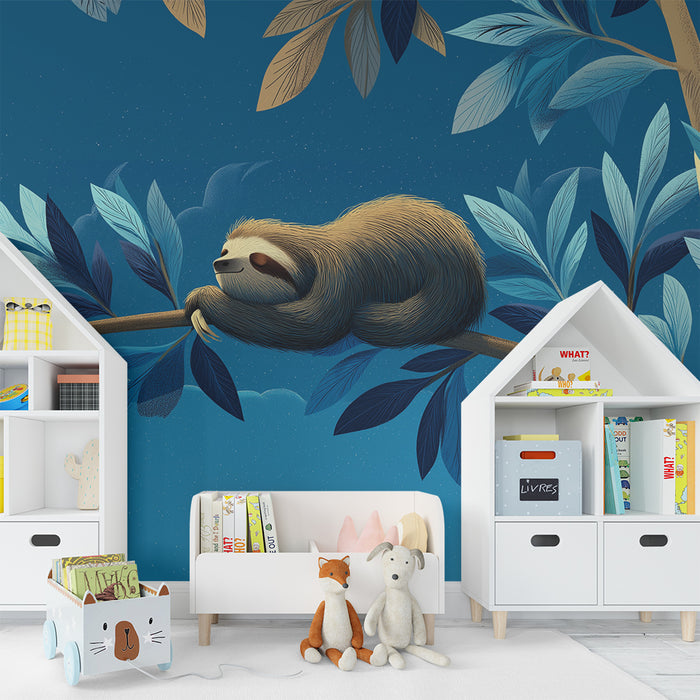 Kids room wallpaper | Peaceful sloth on a branch under a starry sky