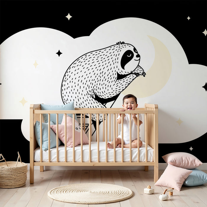 Kids room wallpaper | Dreamy lazy sloth on a ladder under the moon