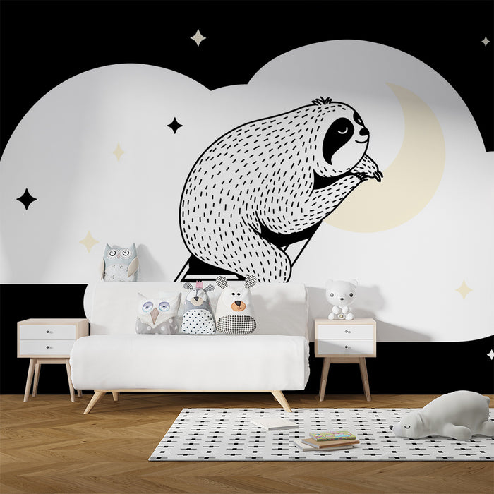 Kids room wallpaper | Dreamy lazy sloth on a ladder under the moon