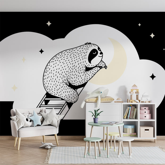 Kids room wallpaper | Dreamy lazy sloth on a ladder under the moon