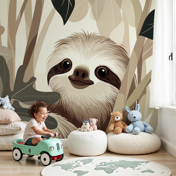 Papier peint chambre enfant | Paresseux souriant au milieu de la jungle