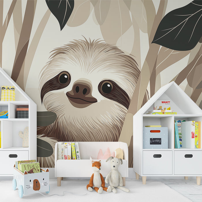 Papier peint chambre enfant | Paresseux souriant au milieu de la jungle