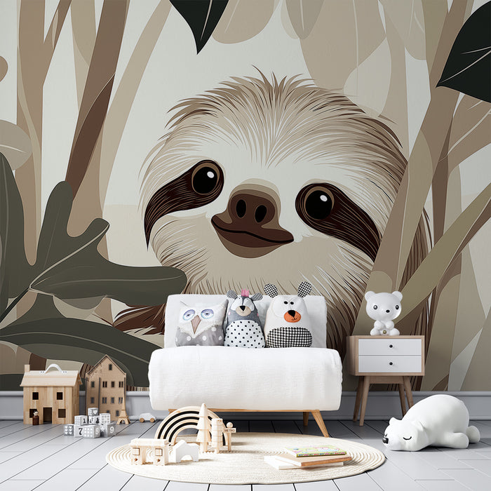 Papier peint chambre enfant | Paresseux souriant au milieu de la jungle