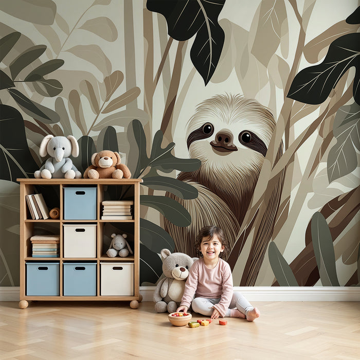 Papier peint chambre enfant | Paresseux souriant dans une jungle beige