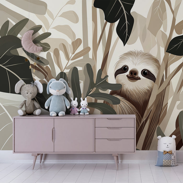Papier peint chambre enfant | Paresseux souriant dans une jungle beige