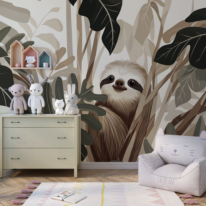 Papier peint chambre enfant | Paresseux souriant dans une jungle beige