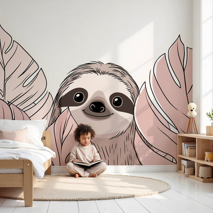 Papier peint chambre enfant | Paresseux souriant et feuillage tropical