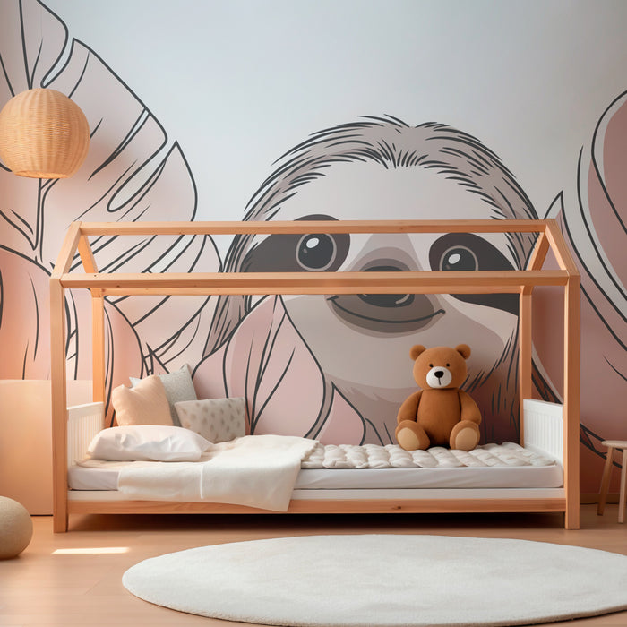 Papier peint chambre enfant | Paresseux souriant et feuillage tropical