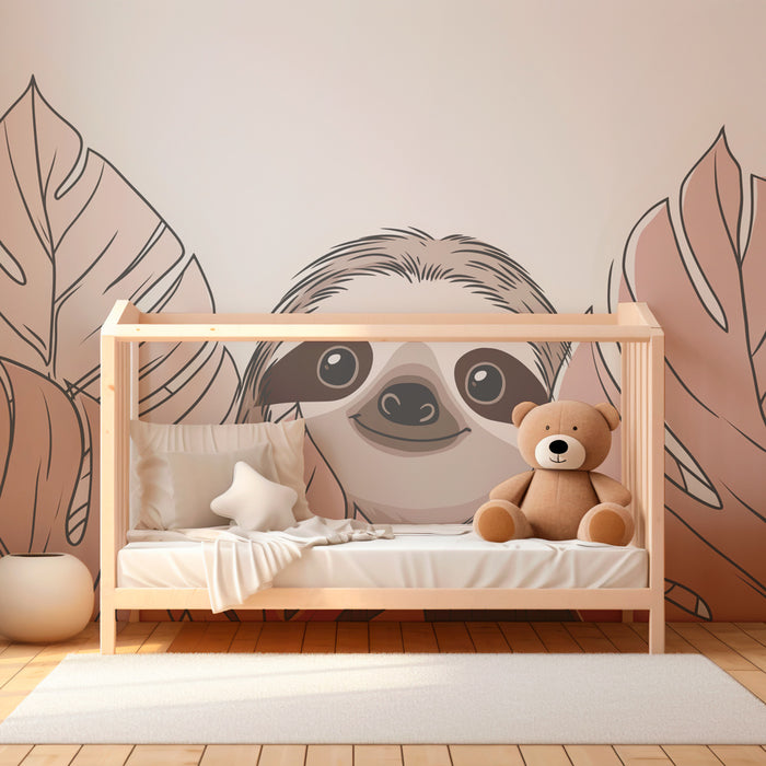 Papier peint chambre enfant | Paresseux souriant et feuillage tropical