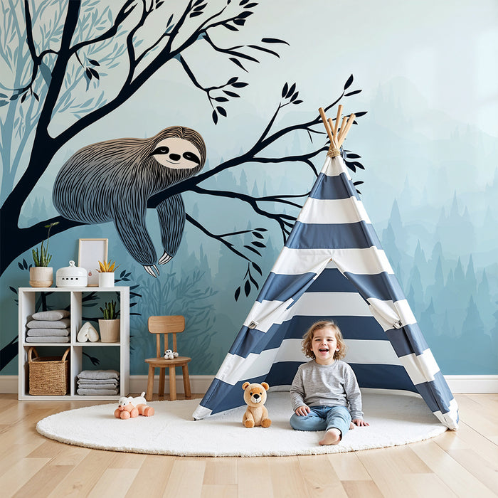 Kids room wallpaper | Lenivý visící v mlhavém lese