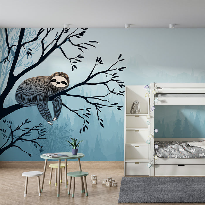 Kids room wallpaper | Lenivý visící v mlhavém lese