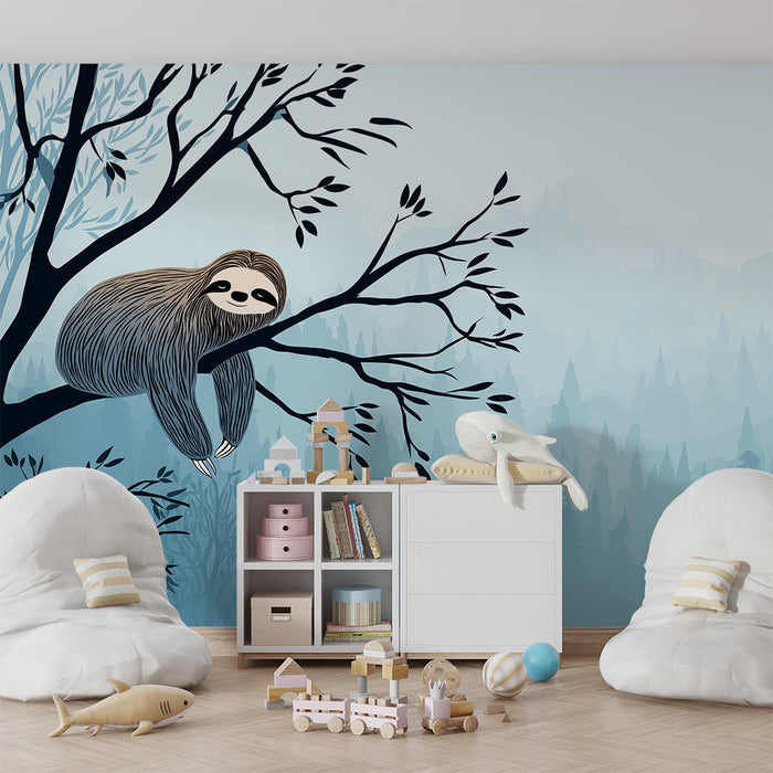 Kids room wallpaper | Lenivý visící v mlhavém lese