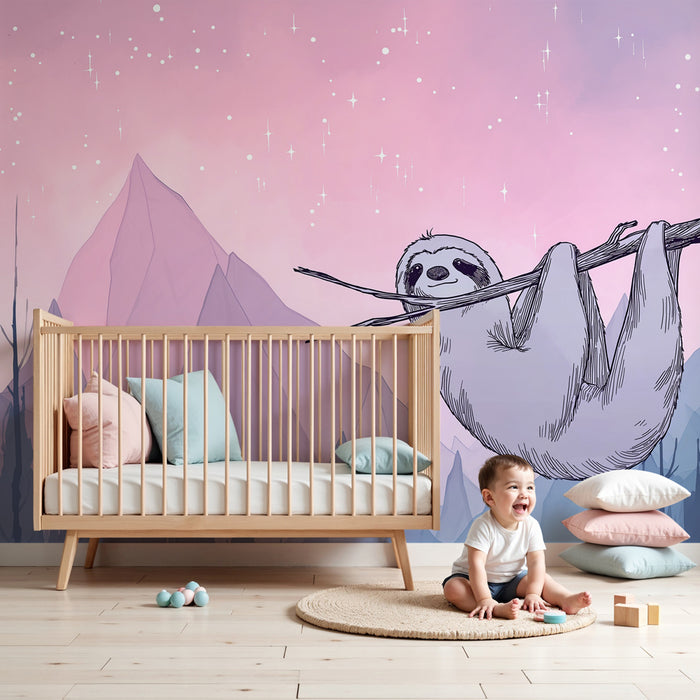 Papier peint chambre enfant | Paresseux suspendu sous un ciel étoilé