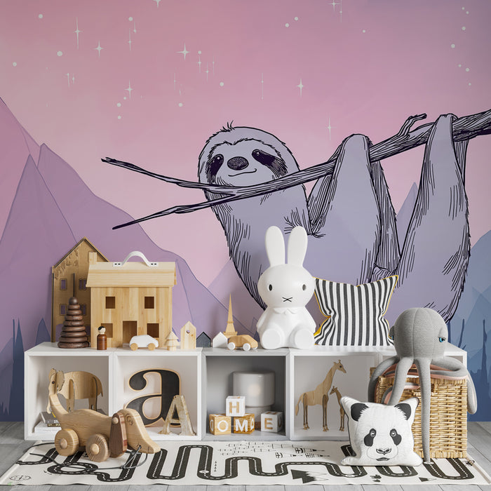 Papier peint chambre enfant | Paresseux suspendu sous un ciel étoilé