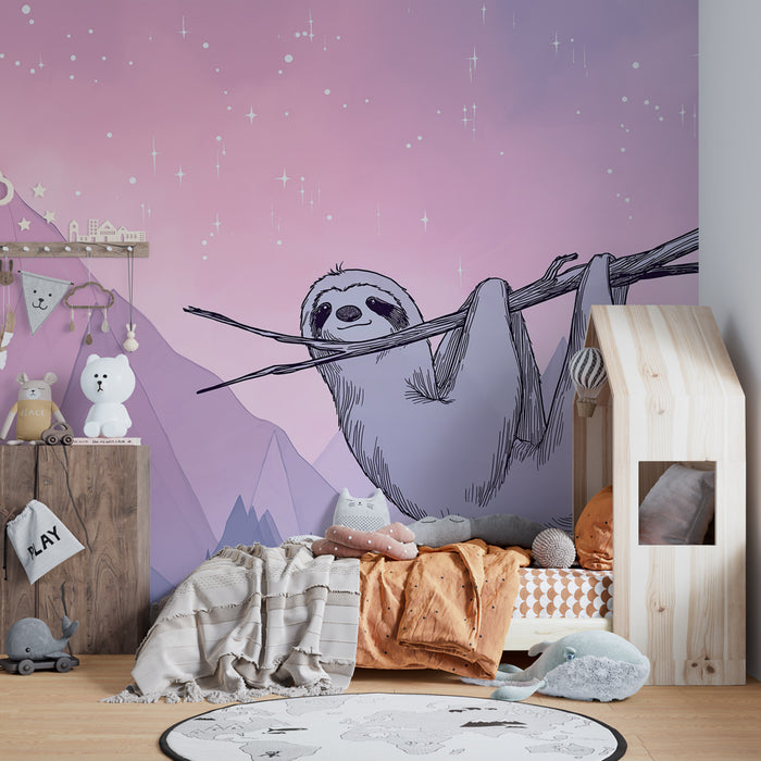 Papier peint chambre enfant | Paresseux suspendu sous un ciel étoilé