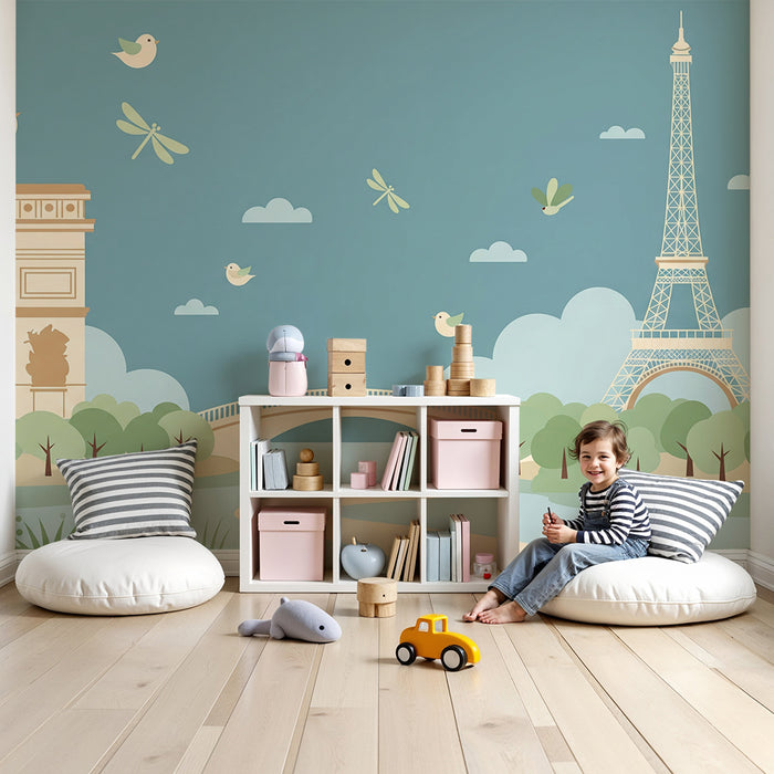 Papel de parede para quarto infantil | Paris e os seus monumentos emblemáticos num ambiente tranquilo