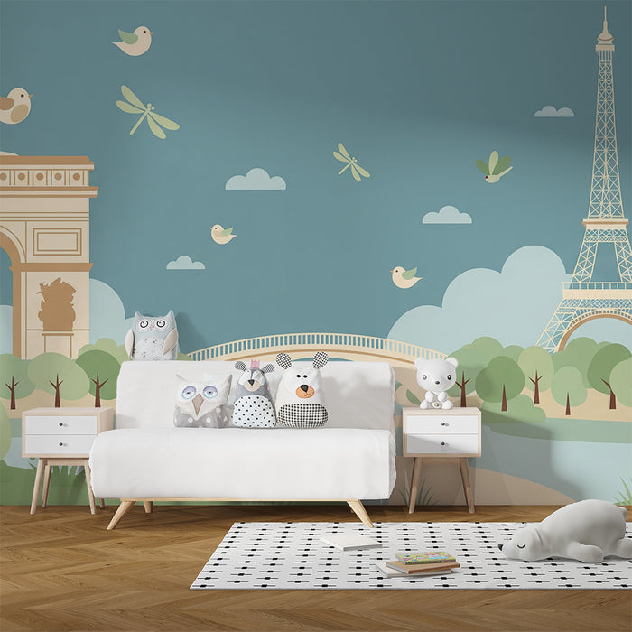 Papel de parede para quarto infantil | Paris e os seus monumentos emblemáticos num ambiente tranquilo