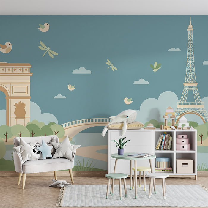Papel de parede para quarto infantil | Paris e os seus monumentos emblemáticos num ambiente tranquilo