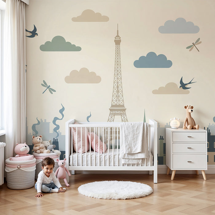 Papier peint chambre enfant | Paris et ses oiseaux sous un ciel doux