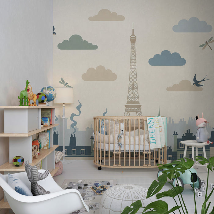Papier peint chambre enfant | Paris et ses oiseaux sous un ciel doux