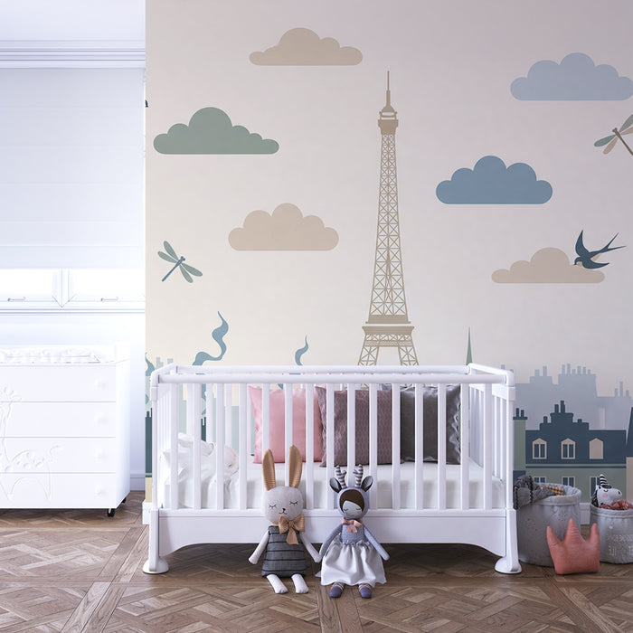 Papier peint chambre enfant | Paris et ses oiseaux sous un ciel doux