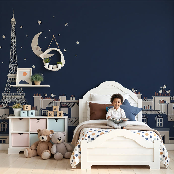 Papier peint chambre enfant | Paris nocturne avec la Tour Eiffel et des oiseaux sur les toits