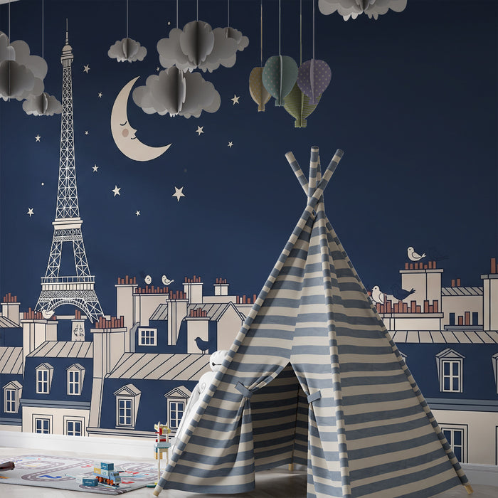 Papier peint chambre enfant | Paris nocturne avec la Tour Eiffel et des oiseaux sur les toits