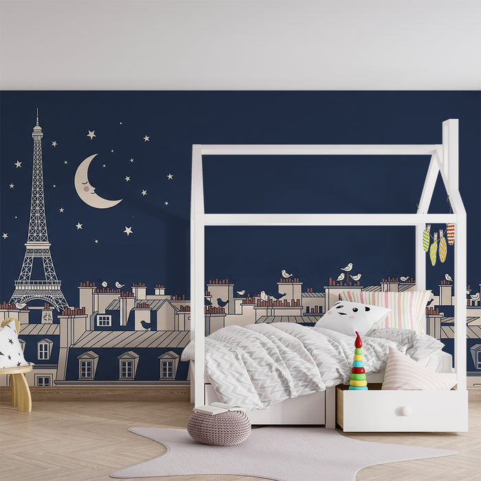 Papier peint chambre enfant | Paris nocturne avec la Tour Eiffel et des oiseaux sur les toits