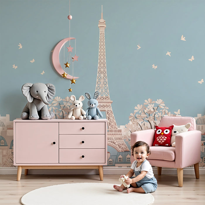 Tapete Kinderzimmer | Romantisches Paris mit dem Eiffelturm und blühenden Kirschbäumen