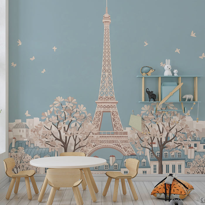 Tapete Kinderzimmer | Romantisches Paris mit dem Eiffelturm und blühenden Kirschbäumen
