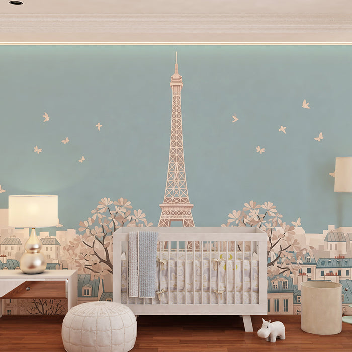 Tapete Kinderzimmer | Romantisches Paris mit dem Eiffelturm und blühenden Kirschbäumen