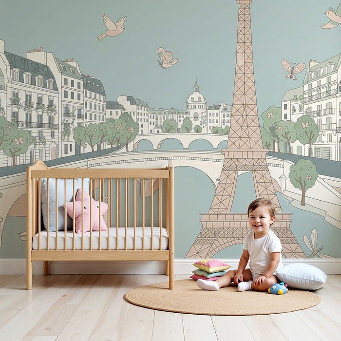 Children's bedroom wallpaper | Romantic Paris with the Eiffel Tower and colorful birds