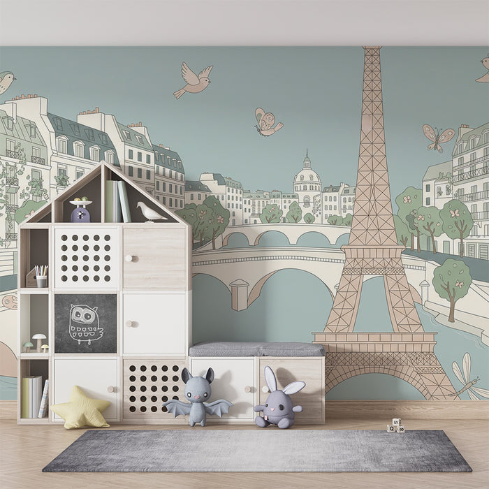 Children's bedroom wallpaper | Romantic Paris with the Eiffel Tower and colorful birds