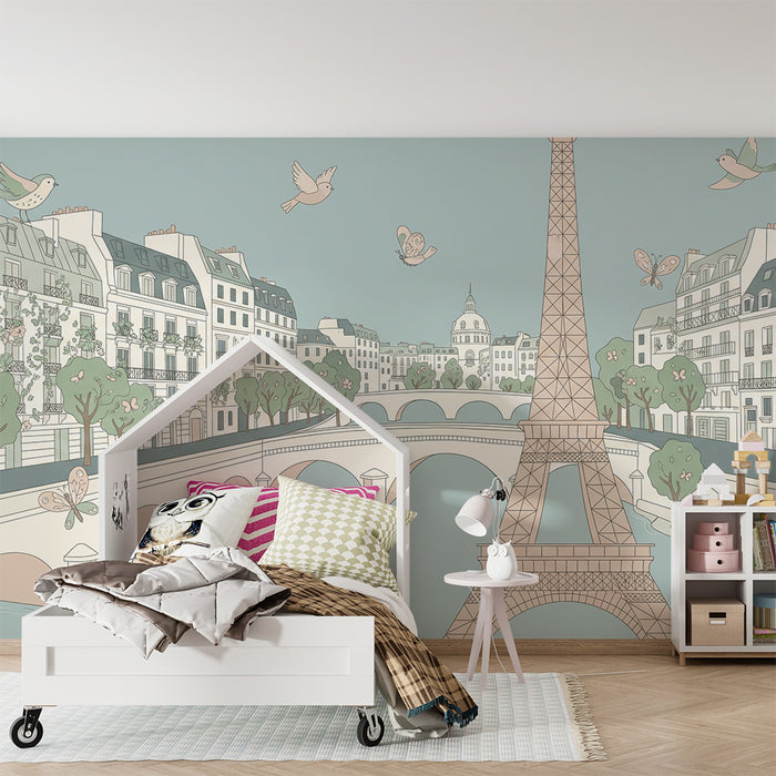 Children's bedroom wallpaper | Romantic Paris with the Eiffel Tower and colorful birds