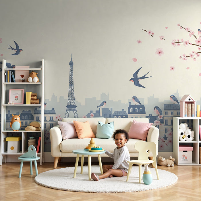 Papier peint chambre enfant | Paris romantique avec oiseaux et cerisiers en fleurs