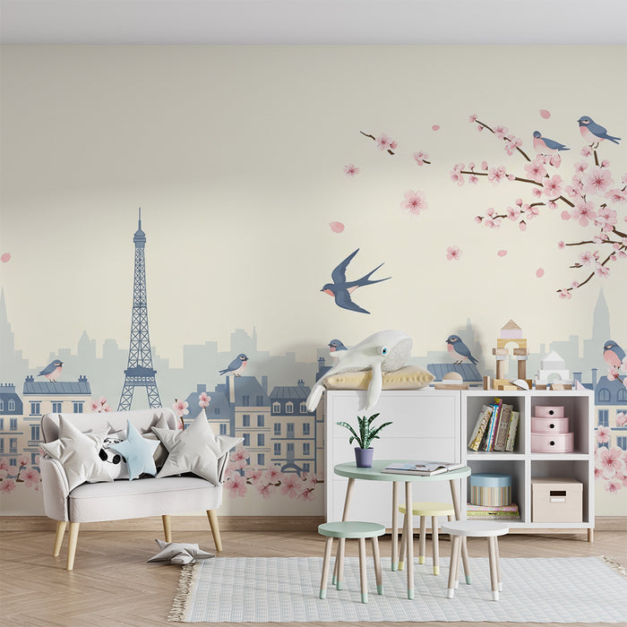 Papier peint chambre enfant | Paris romantique avec oiseaux et cerisiers en fleurs