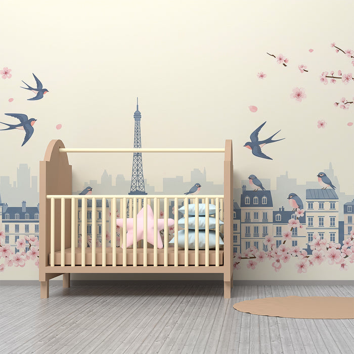 Papier peint chambre enfant | Paris romantique avec oiseaux et cerisiers en fleurs
