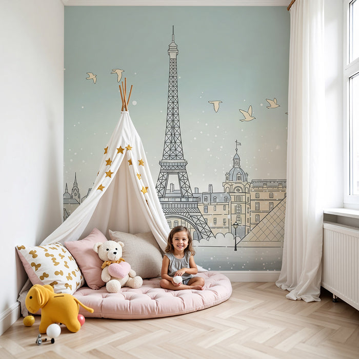 Tapet pentru camera copiilor | Paris sub zăpadă cu Turnul Eiffel și Piramida Luvru