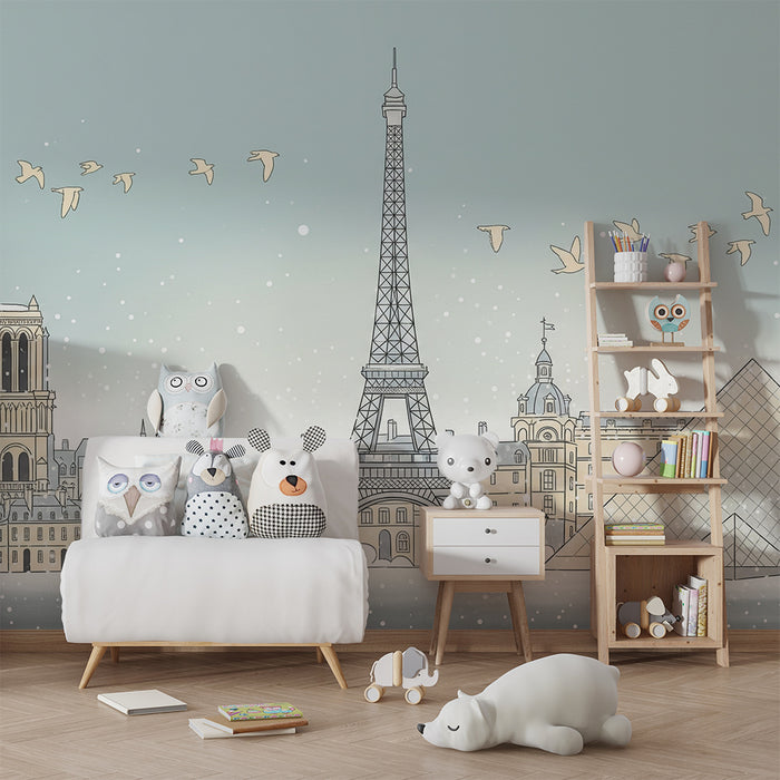 Tapet pentru camera copiilor | Paris sub zăpadă cu Turnul Eiffel și Piramida Luvru