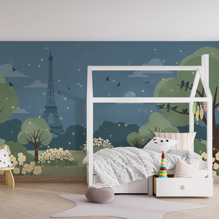 Barnväggstapet | Paris under stjärnorna med Eiffeltornet och blommor