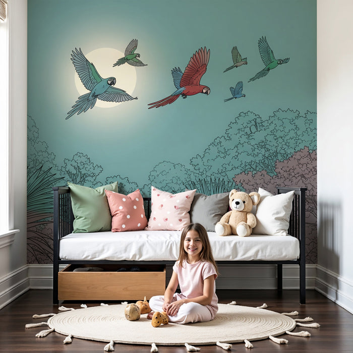 Papier peint chambre enfant | Parrots et jungle sous la lune