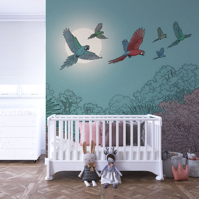 Papier peint chambre enfant | Parrots et jungle sous la lune
