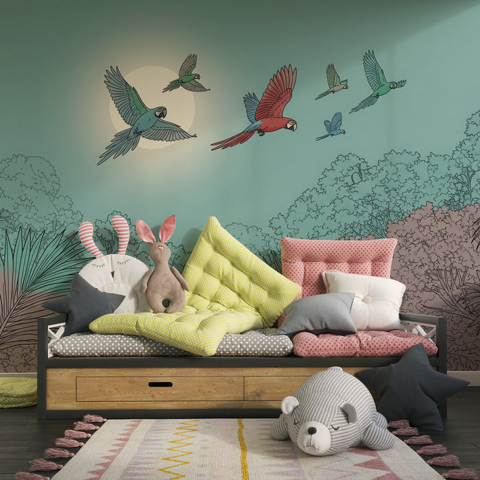 Papier peint chambre enfant | Parrots et jungle sous la lune
